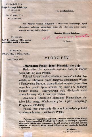 Pismo Kuratorium Lubelskiego  do szkół w związku ze śmiercią  Józefa Piłsudskiego.