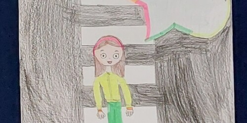Praca przedstawiająca dziewczynkę ubraną w odblaski. Duży napis - Bądź bezpieczny na drodze załóż odblaski. Tło czarno - zielone.